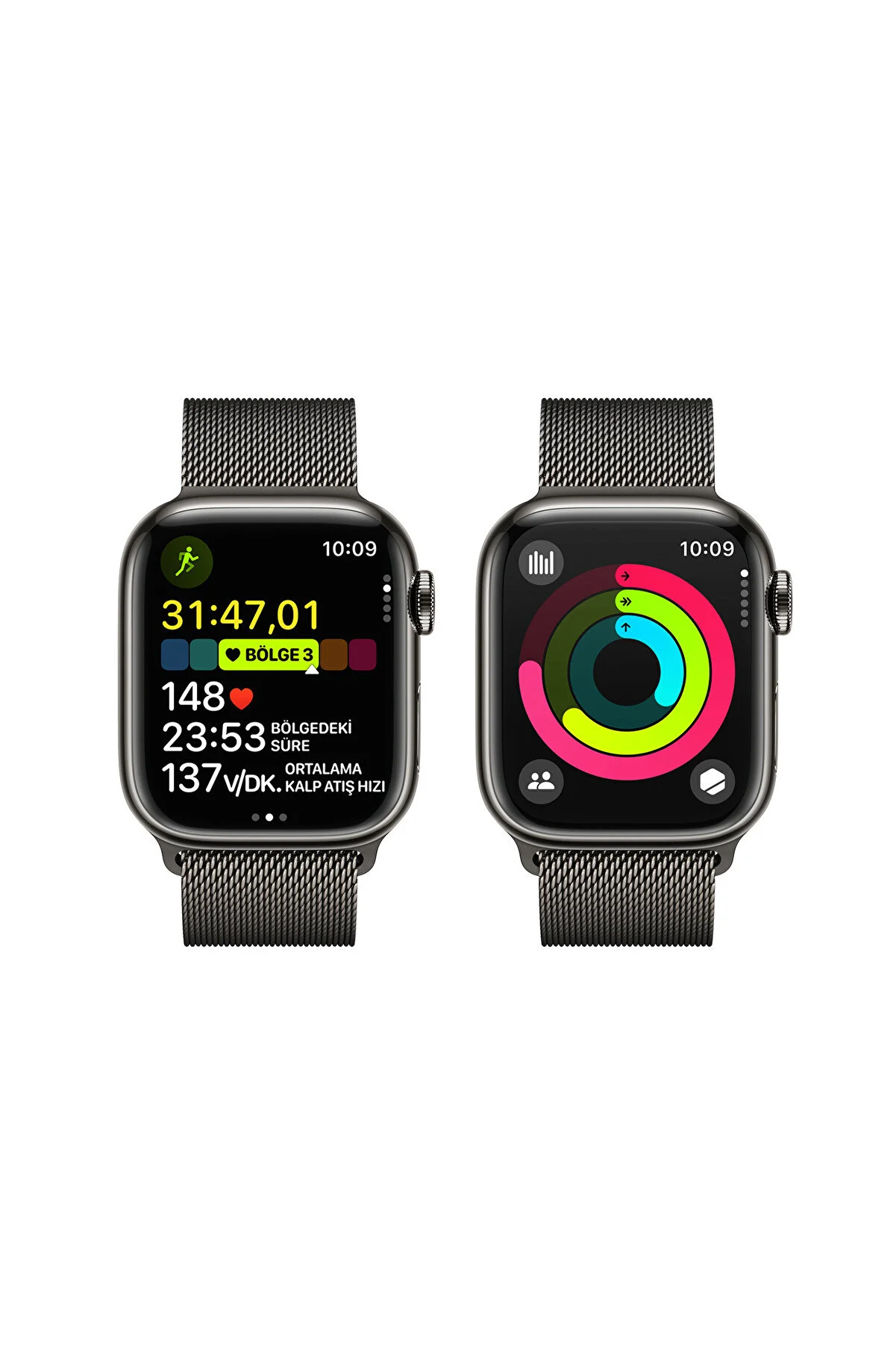Farklı ekranlara sahip iki Apple Watch. Biri egzersiz verilerini, diğeri aktivite halkalarını görüntüler.