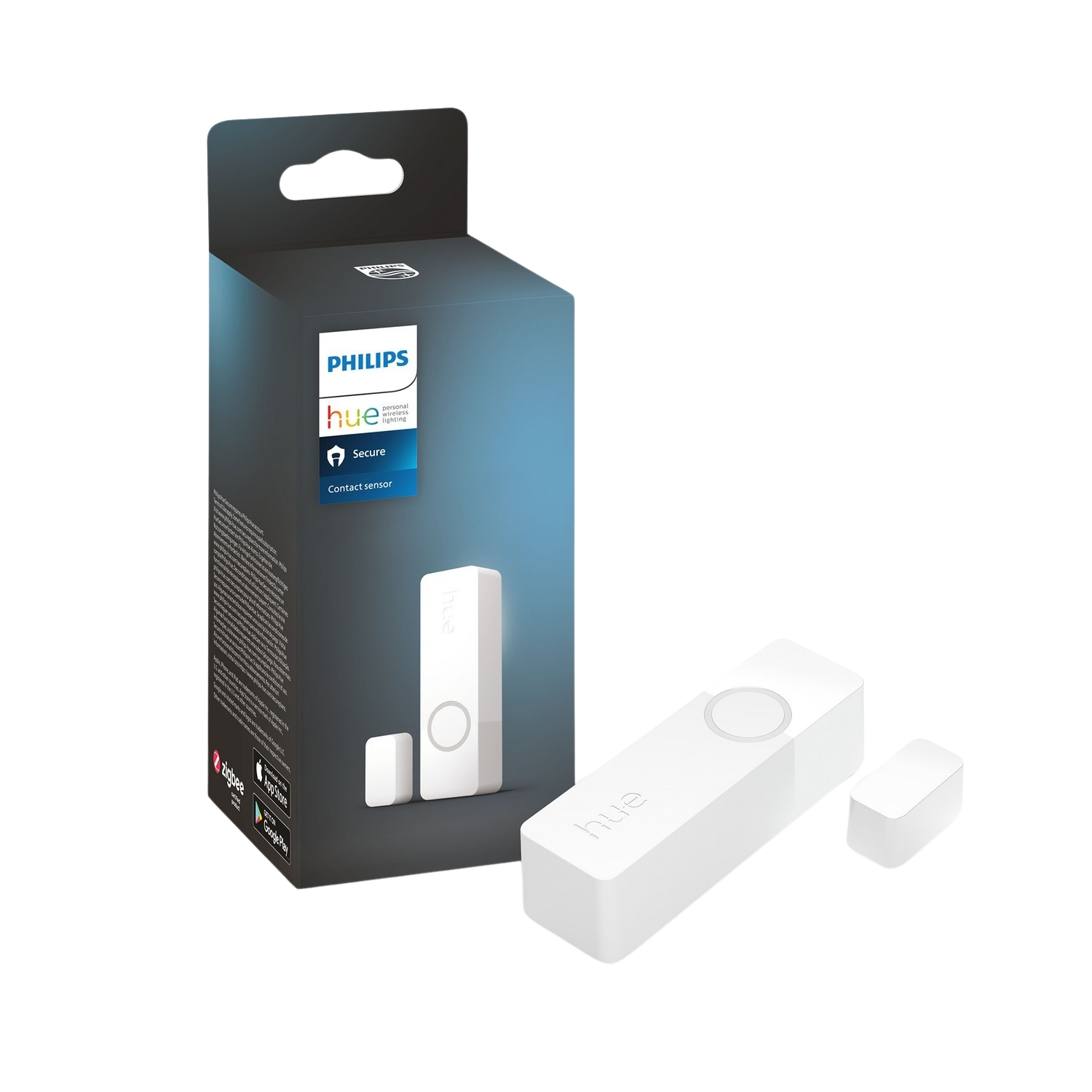 Philips Hue contactsensor set en doos. Witte rechthoekige sensoren op zwarte achtergrond.
