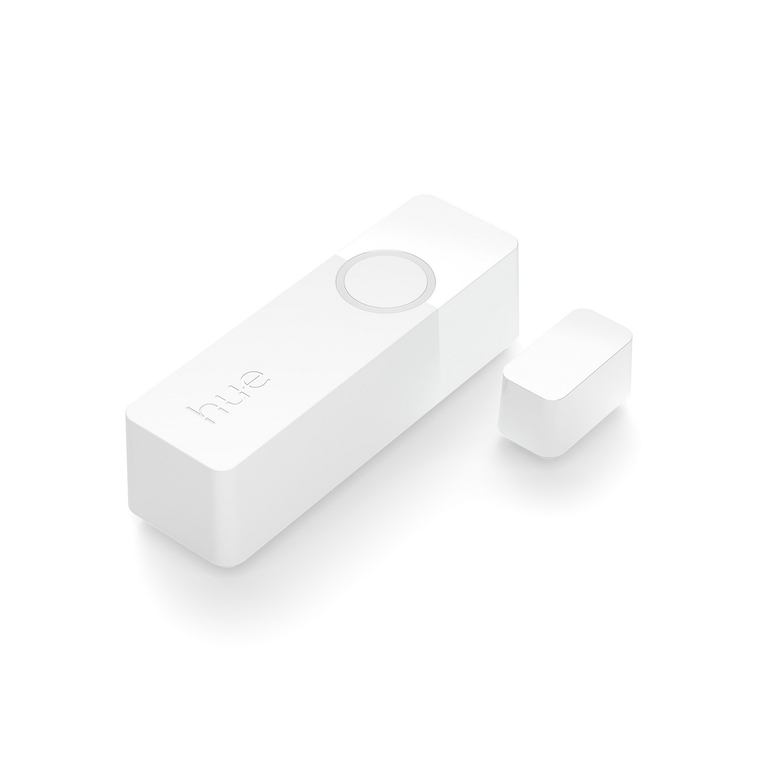 Witte rechthoekige smart home-apparaat met een kleinere witte rechthoek ernaast. Het woord 'hue' is zichtbaar.