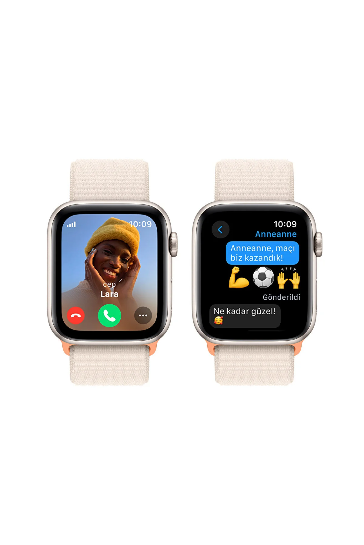 İki akıllı saat, bir video görüşmesi ve emojiler içeren bir metin mesajı gösteriyor.