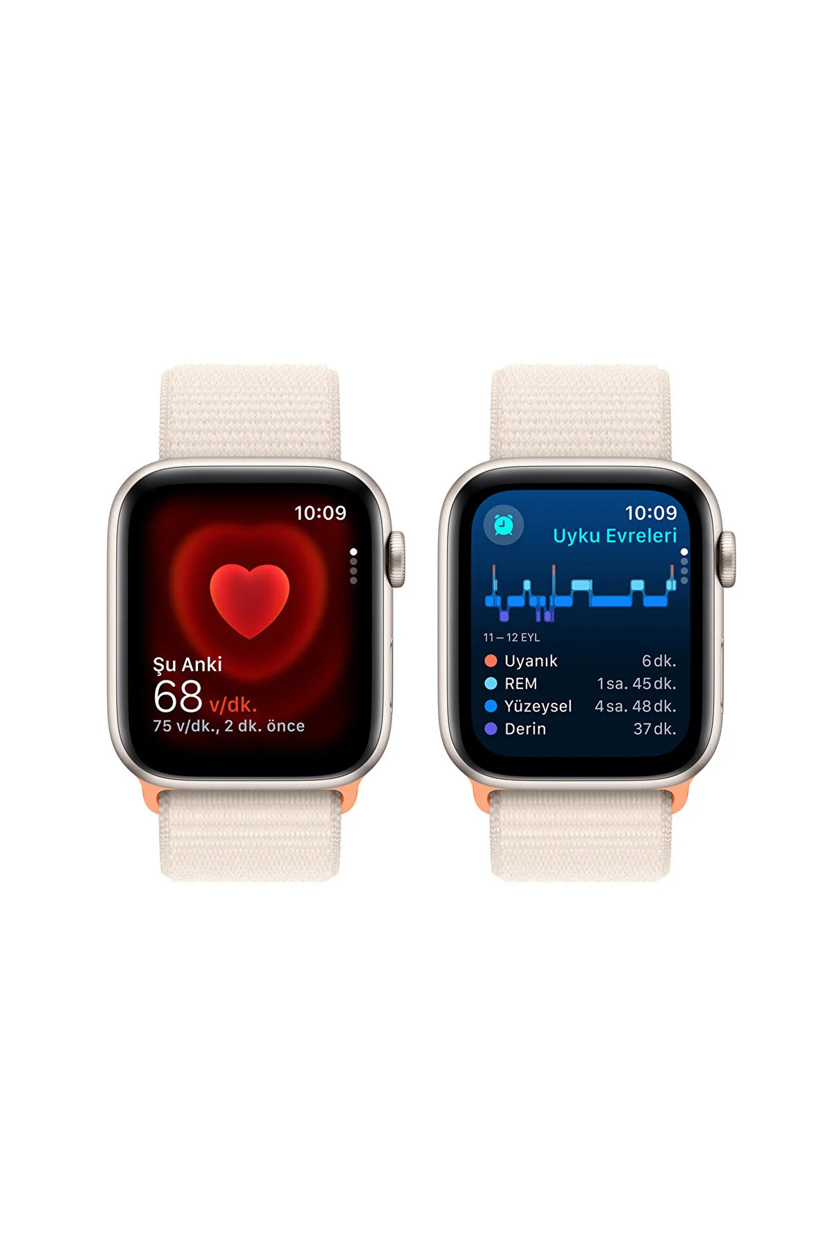 Farklı ekranlara sahip iki Apple Watch. Biri kalp atış hızını, diğeri uyku verilerini ve zamanı gösterir.