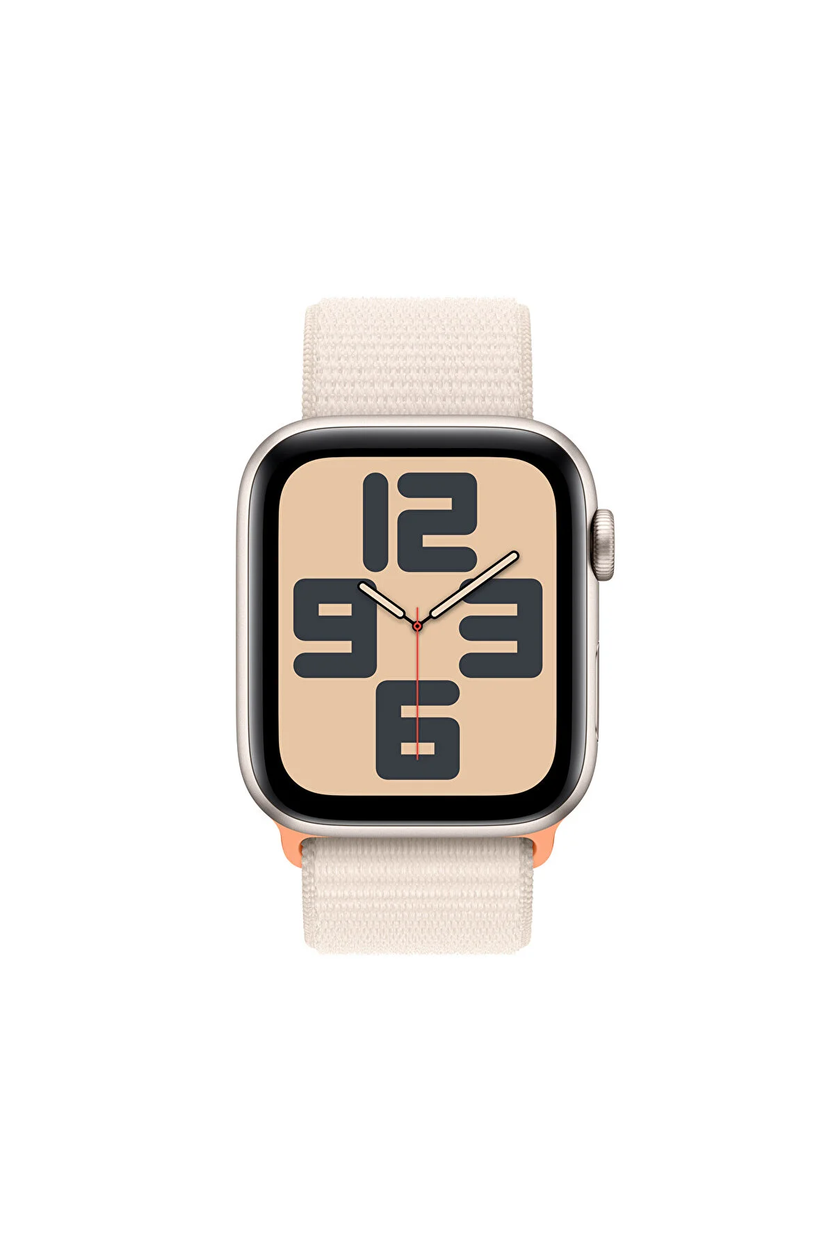 Saati gösteren siyah ekranlı ve açık renk kayışlı bir Apple Watch.