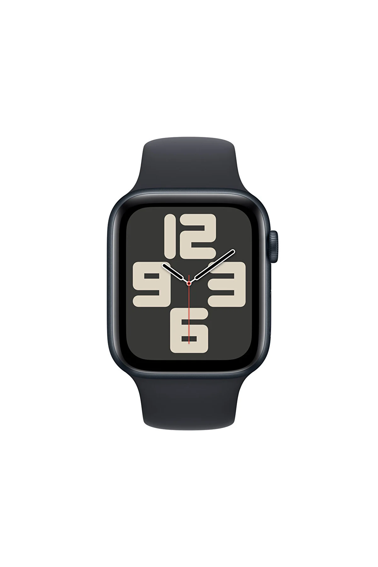 Karanlık gri ekrana sahip siyah Apple Watch. Saati gösteriyor.