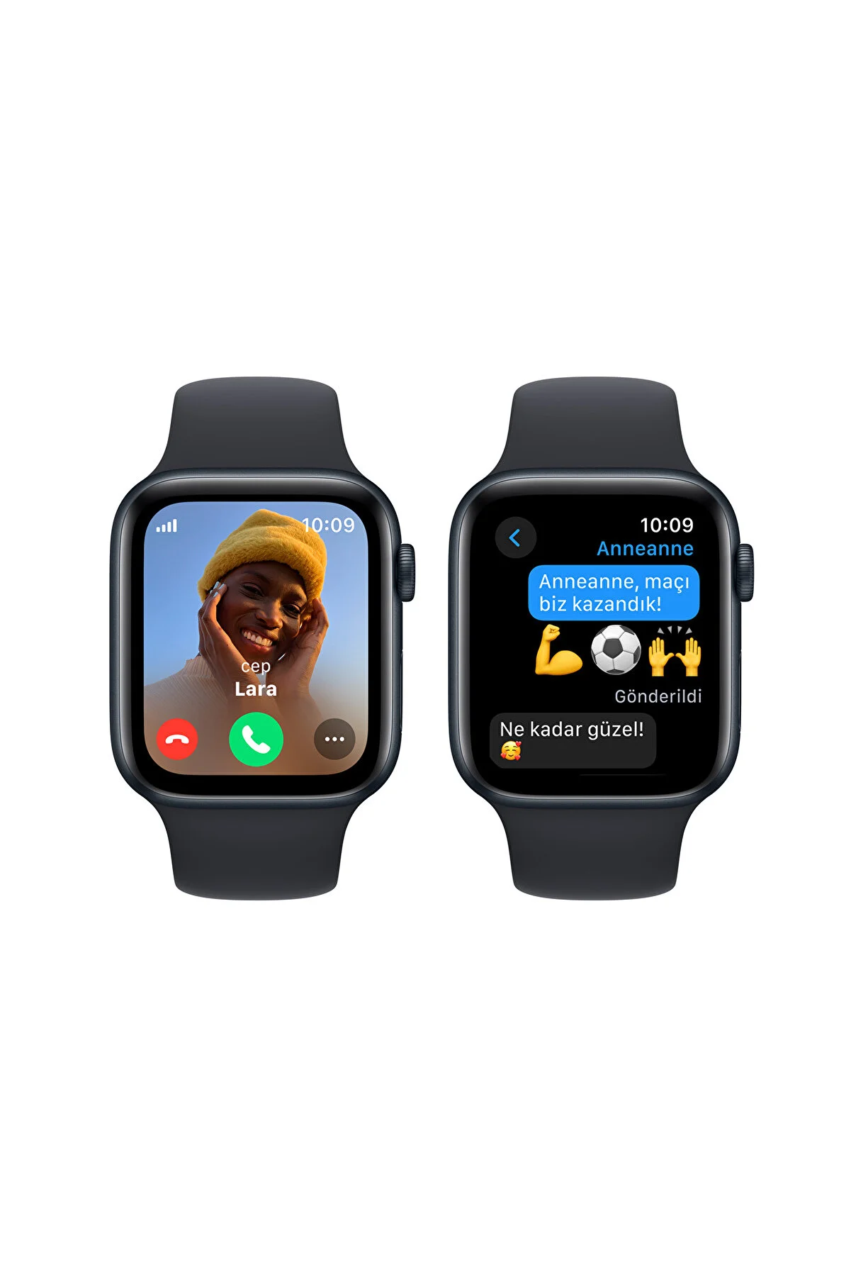 İki Apple Watch. Biri 'eep Lara'dan bir arama gösteriyor, diğeri emojili bir mesaj gösteriyor.