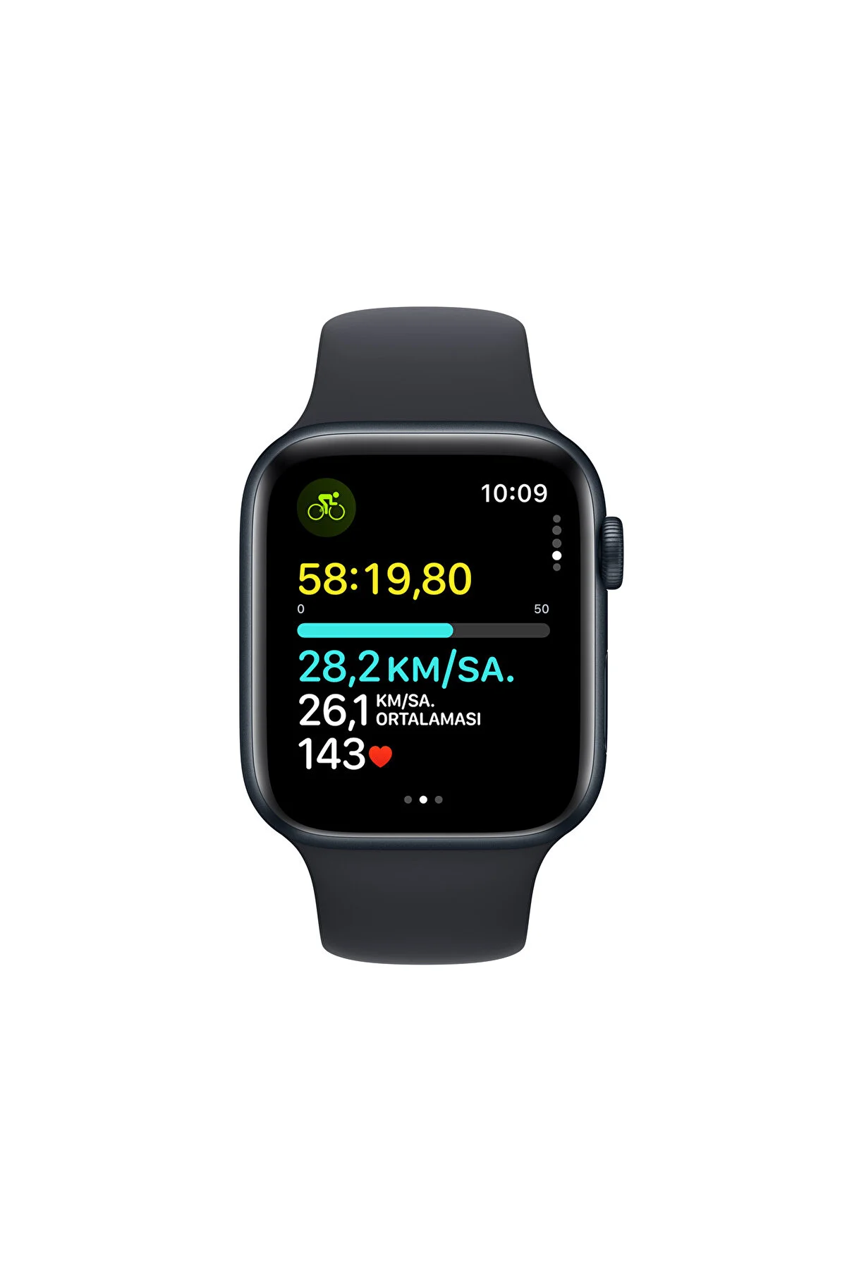 Ekranda bisiklet verileri olan siyah Apple Watch. Siyah kayış, beyaz arka plan, saat 10:09.