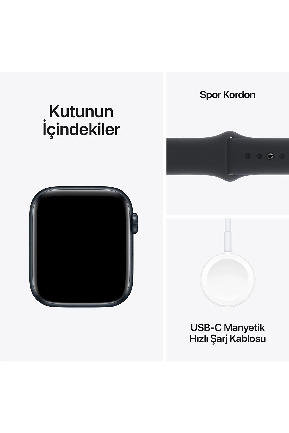 Bir Apple Watch, spor kordonu ve manyetik şarj kablosu, Türkçe metinle.