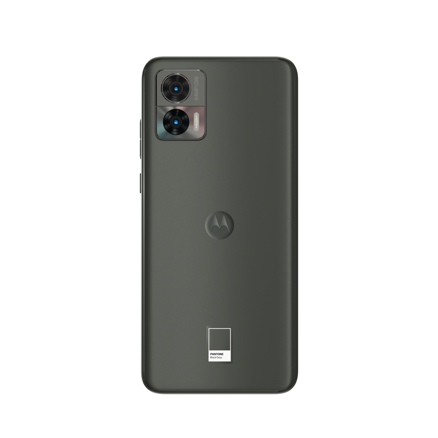Zwarte smartphone achterkant. Motorola logo, dubbele camera's. Pantone Black Onyx kleuretiket.