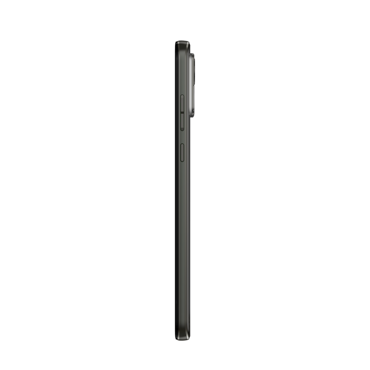 Zijaanzicht van een donkergroene smartphone. De camerabult en knoppen zijn zichtbaar.