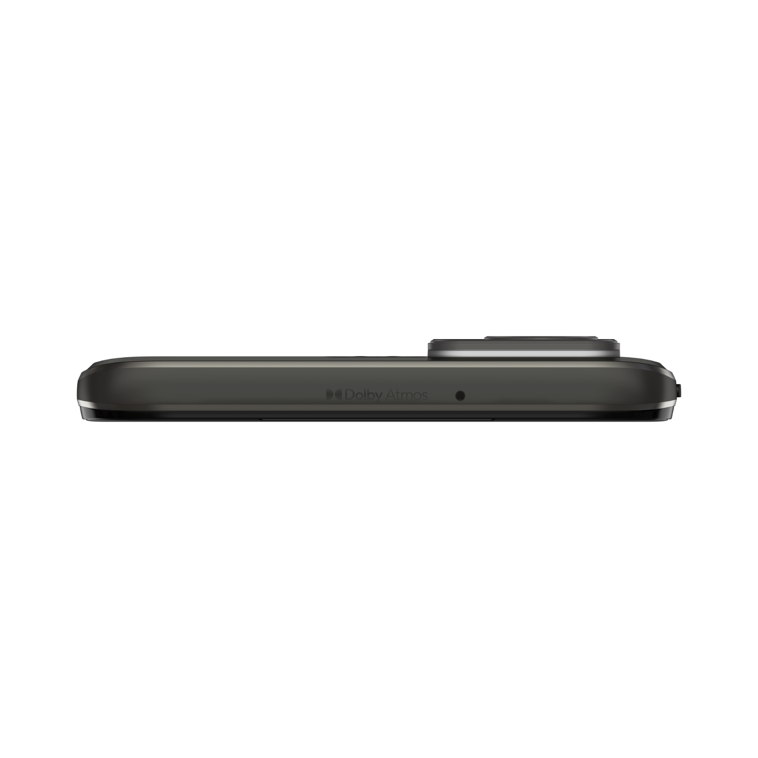 Zijaanzicht van een donkergrijze telefoon met camerabult, Dolby Atmos en een microfoon.