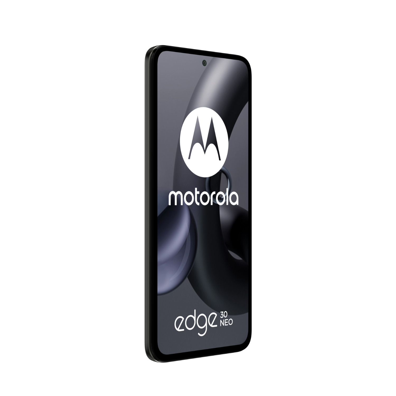 Een Motorola Edge 30 Neo smartphone, in een hoek weergegeven, met het Motorola-logo prominent op het scherm.