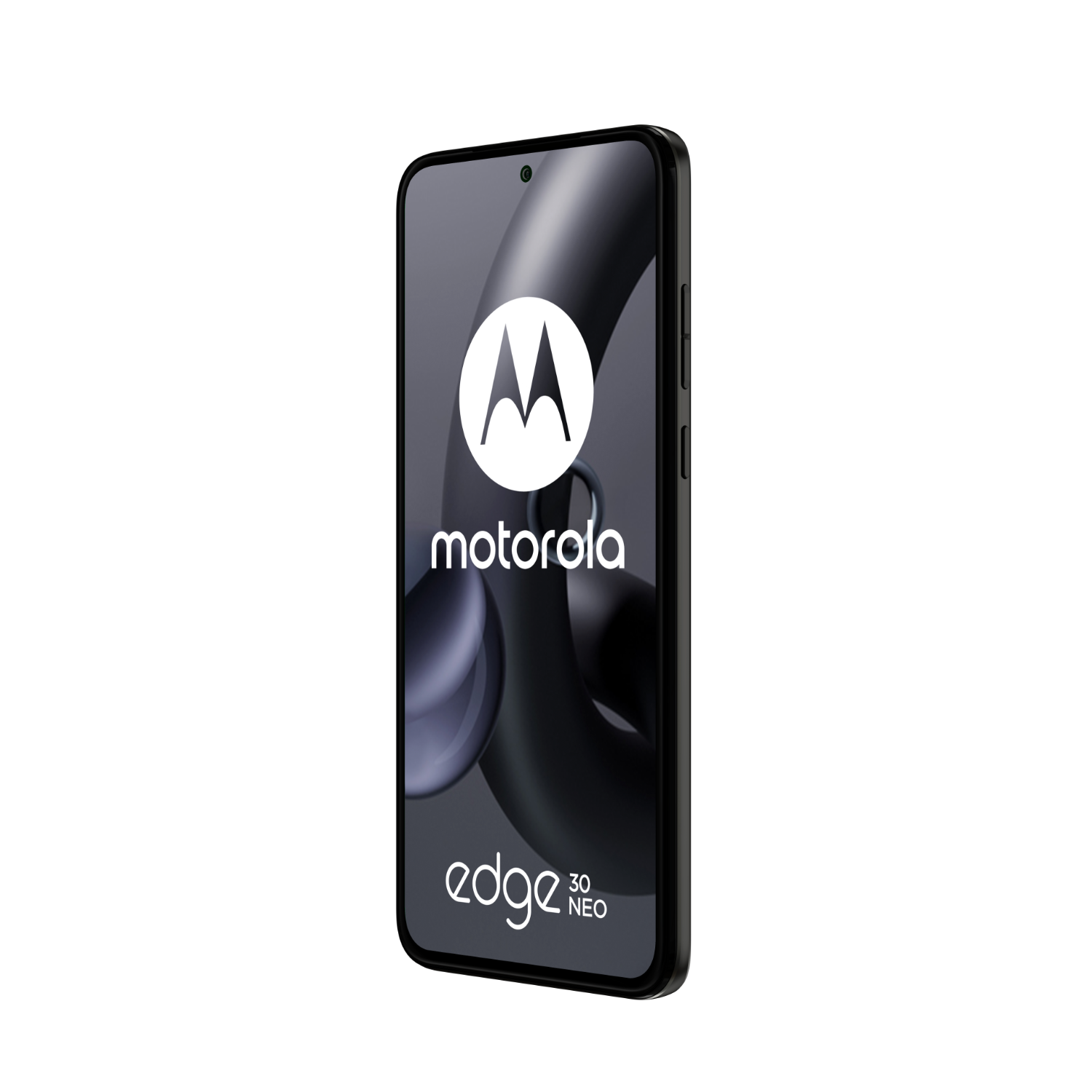 Motorola Edge 30 Neo smartphone op zwarte achtergrond. Scherm toont Motorola logo en 'edge 30 neo'.