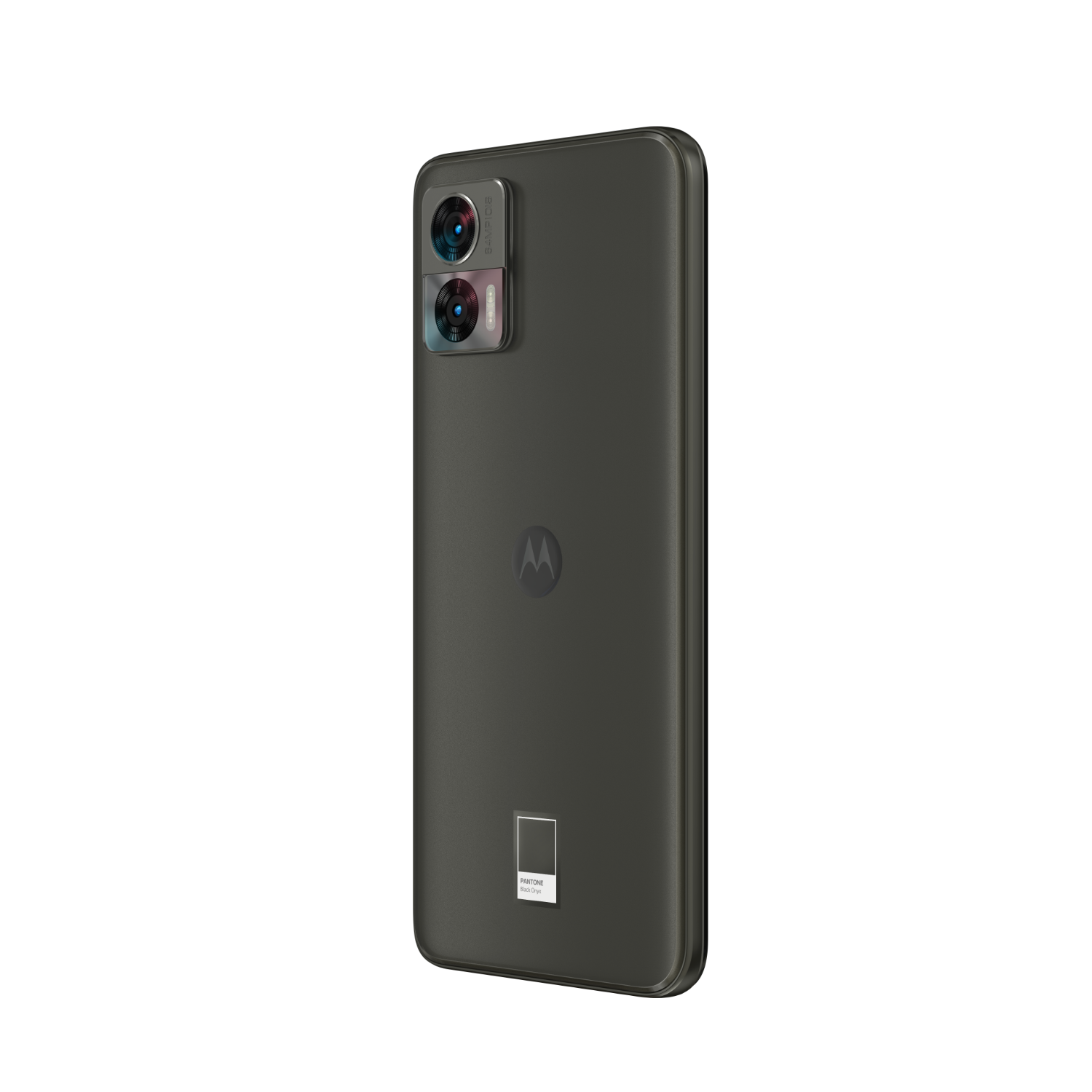 Een grijze telefoon met dubbele camera's en een logo op de achterkant. De telefoon staat op een zwarte achtergrond.
