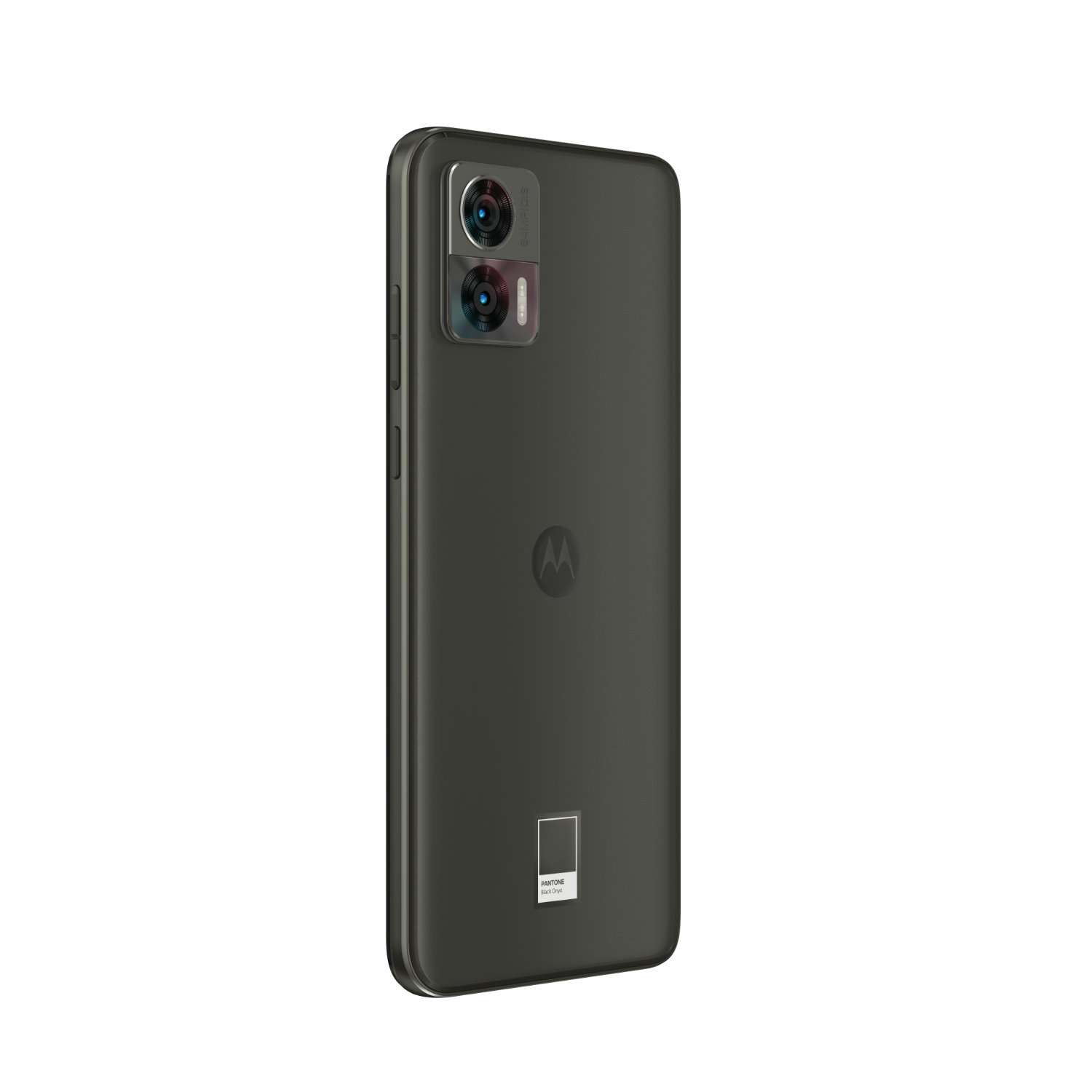 Donkergrijze Motorola-telefoon op zwarte achtergrond. Achteraanzicht met camera en het Motorola-logo.