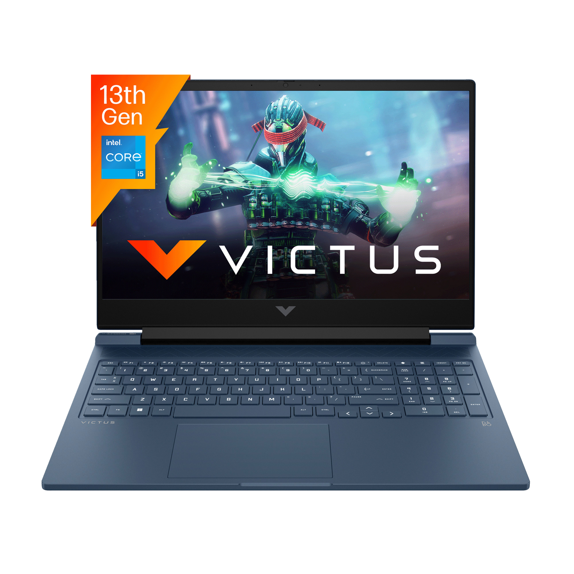 Mavi Victus dizüstü bilgisayar, 13. Nesil Intel Core i5 etiketiyle. Siyah ekran, klavye ve dokunmatik yüzey.
