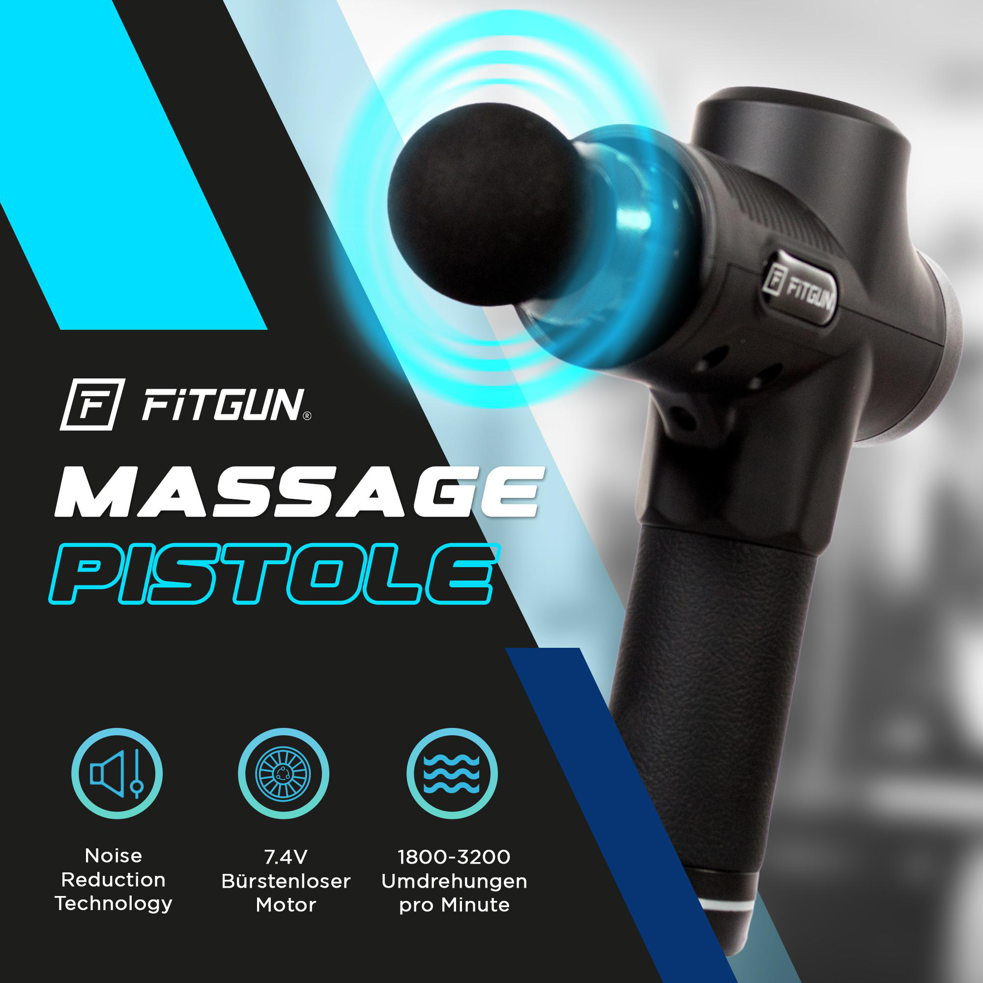 Eine schwarze Fitgun Massagepistole mit Text und Symbolen. Um den Massagekopf herum ist ein blaues Licht.