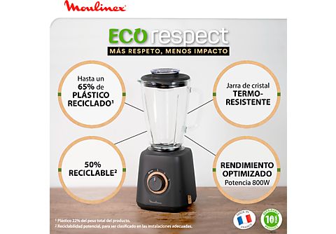 Batidora de vaso - Moulinex Eco Respect LM46EN, 800 W, 1.75 L, 4 Cuchillas, 2 velocidades, Vaso Vidrio Termorresistente, Diseño Ecológico, Negro