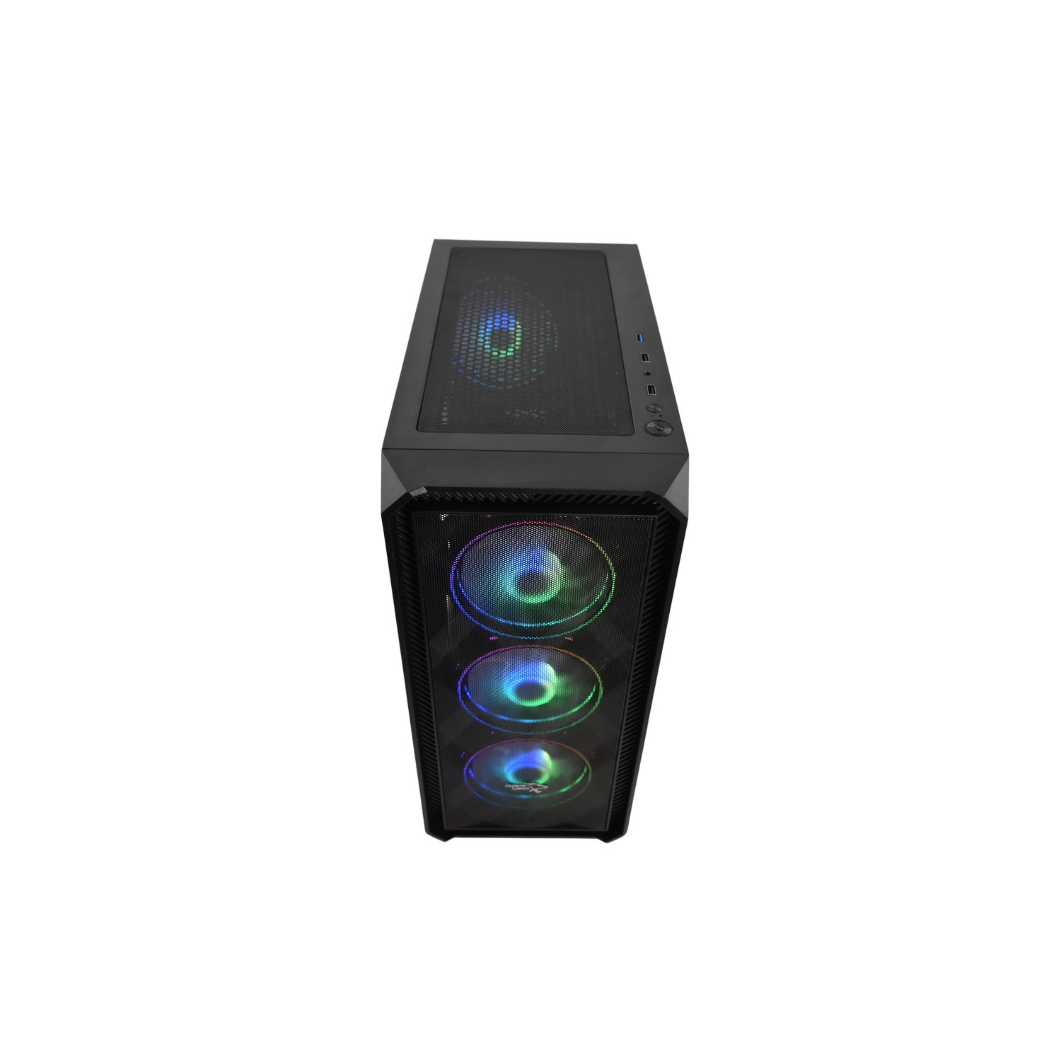 Zwarte computerkast met RGB-ventilatoren, bovenaanzicht.