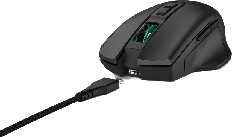 Schwarze Gaming-Maus mit grünem Scrollrad und angeschlossenem USB-C-Kabel.