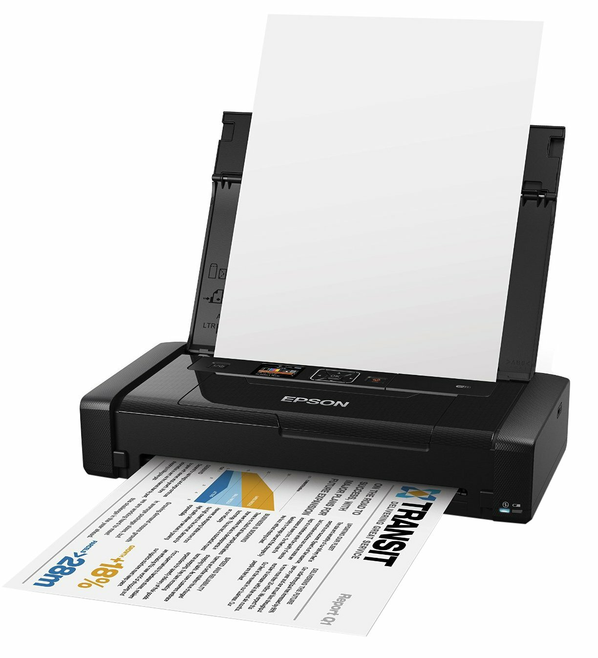 Czarna drukarka Epson drukująca dokumenty, z wyjściem papieru.