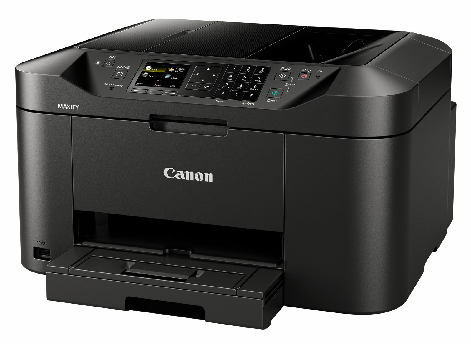 Czarna drukarka Canon MAXIFY z otwartą tacą na papier, na białym tle.