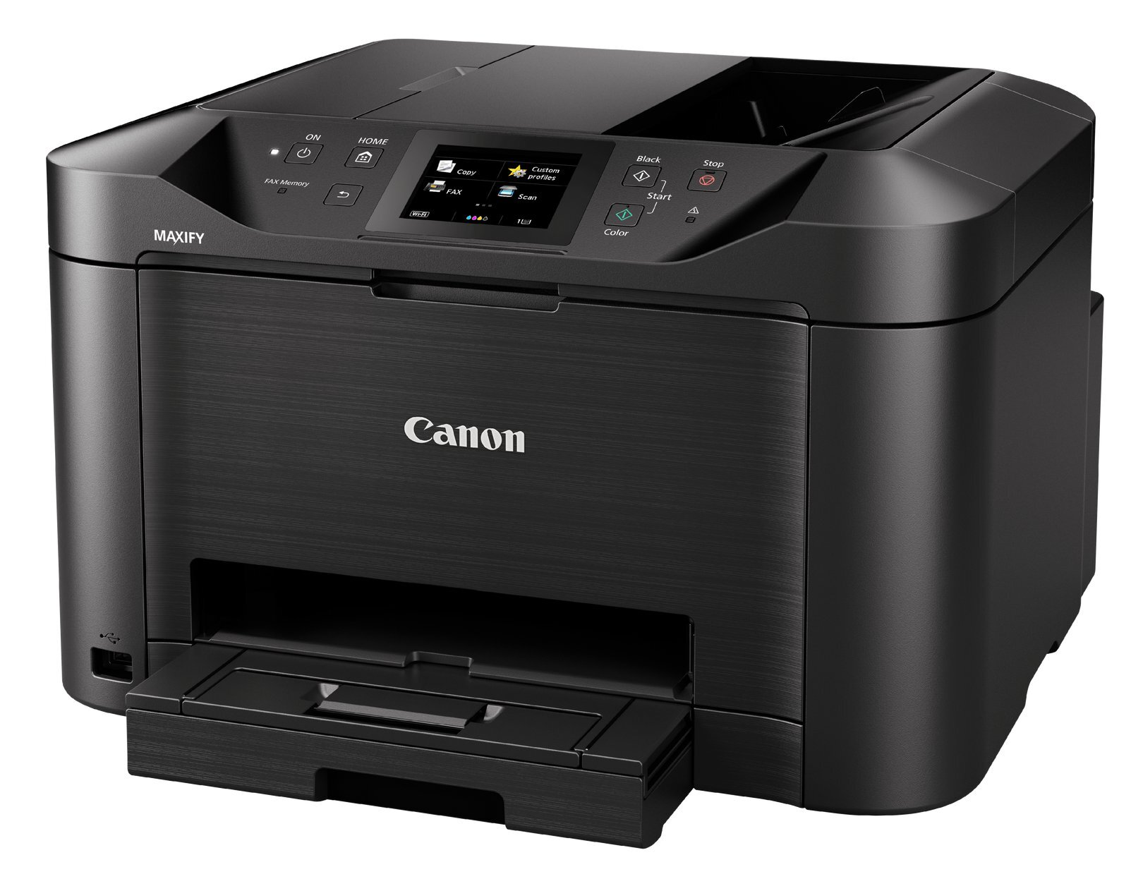Czarna drukarka Canon MAXIFY z panelem sterowania i wysuniętą tacą odbiorczą.