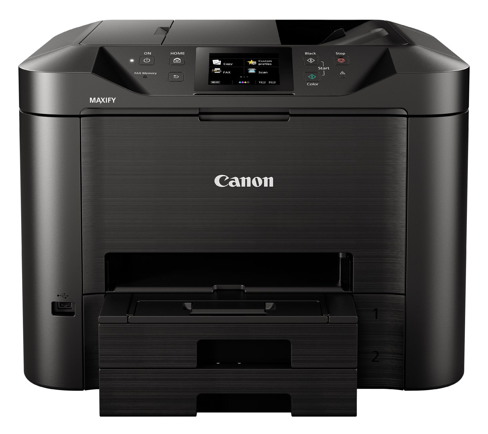 Czarna drukarka Canon Maxify z przednią tacą na papier i panelem sterowania.