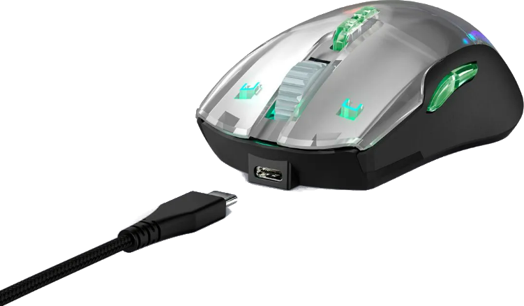 Transparente Computermaus, schwarze Basis. Beleuchtetes Scrollrad und Seitentasten. USB-C-Anschluss.