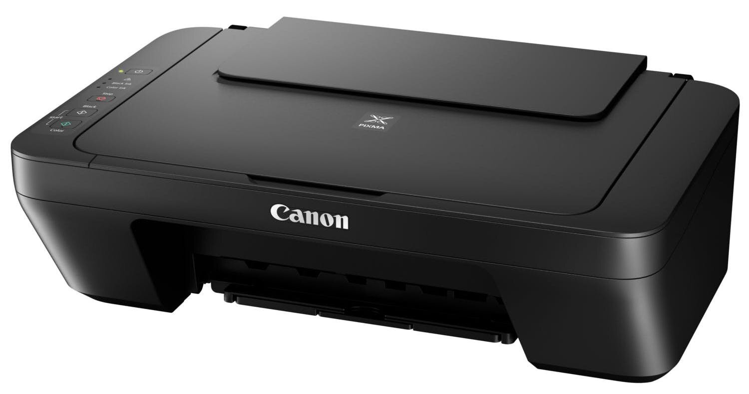 Czarna drukarka Canon na białym tle.