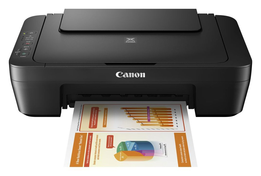 Czarna drukarka Canon drukująca dokument z wykresami i grafikami.