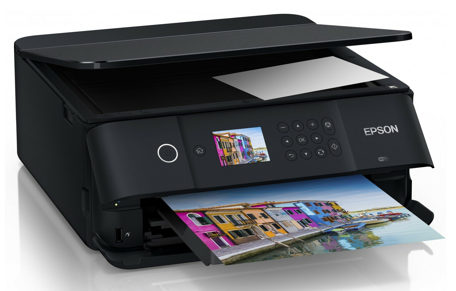 Czarna drukarka Epson drukująca kolorowy obraz. Wyłania się zdjęcie.