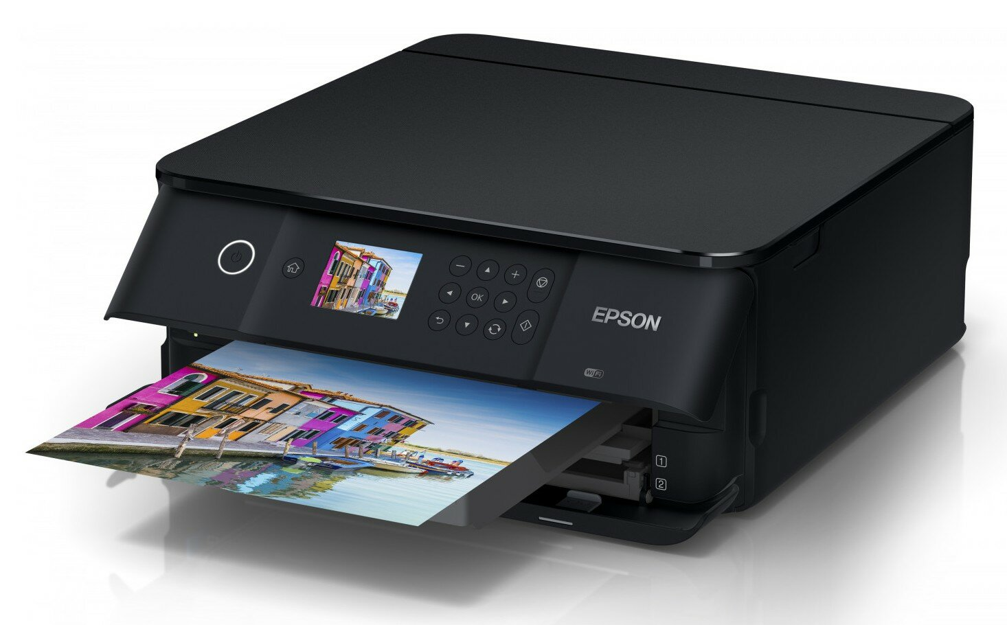 Czarna drukarka Epson z kolorowym wydrukiem. Przyciski z przodu i ekran.