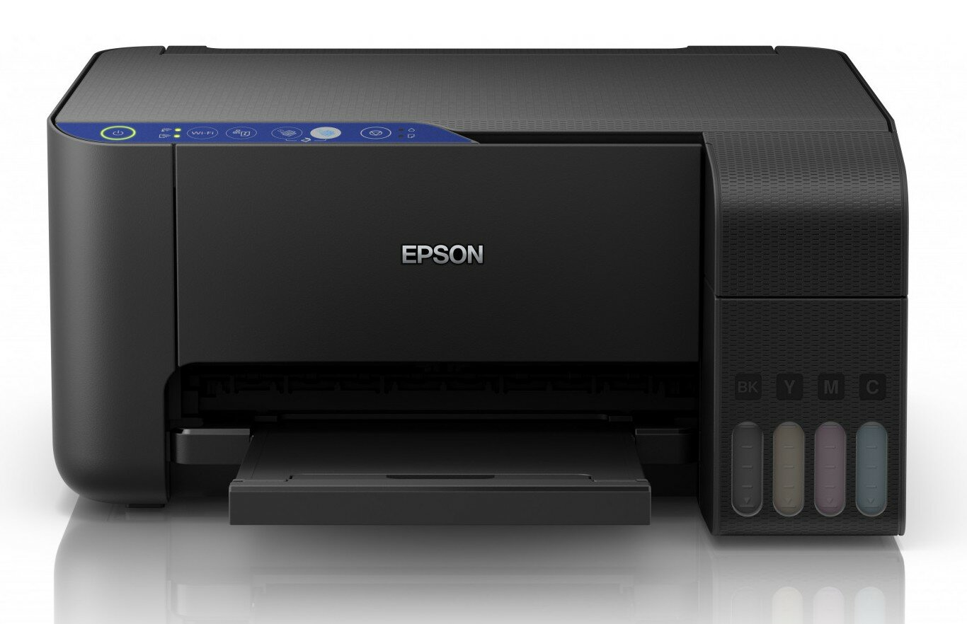 Czarna drukarka Epson. Widoczne wkłady z tuszem i podajnik papieru.