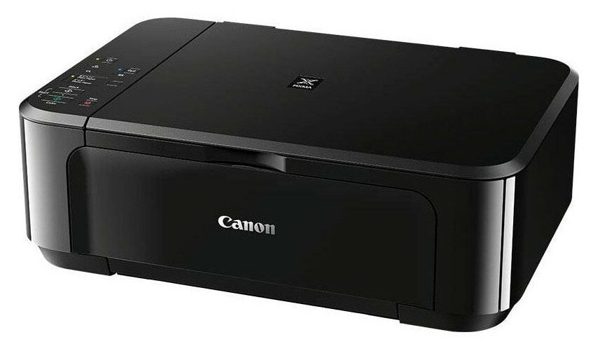 Czarna drukarka Canon PIXMA z przyciskami na górze. Logo Canon znajduje się z przodu.