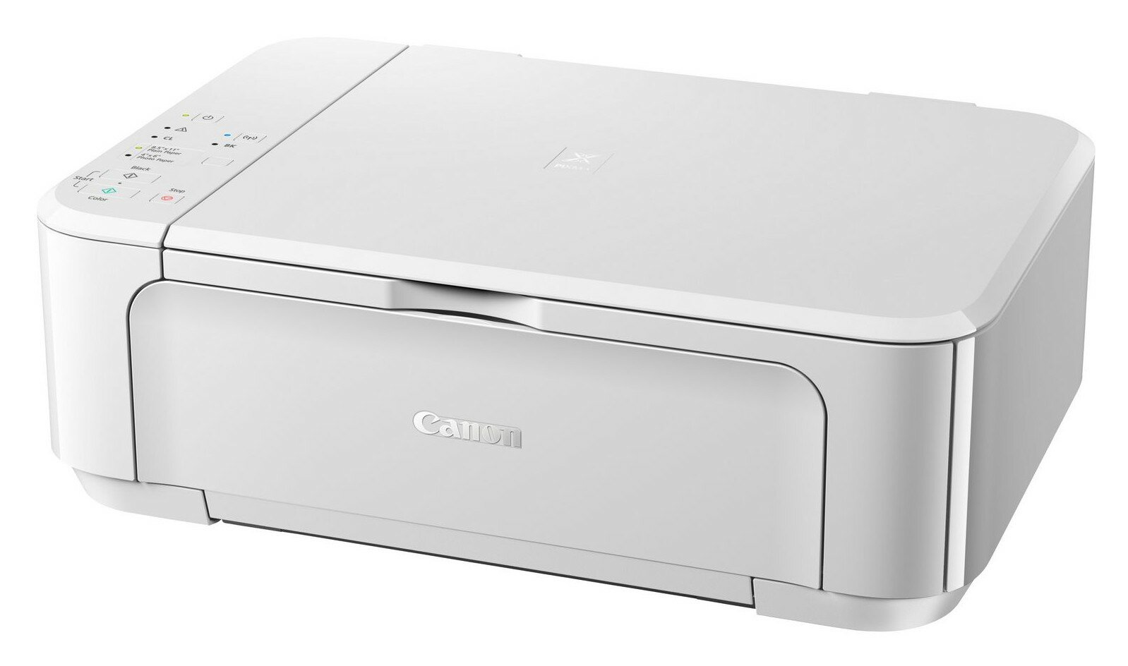 Biała drukarka Canon ze skanerem płaskim, podajnikiem papieru i przyciskami. Widoczne logo Canon.