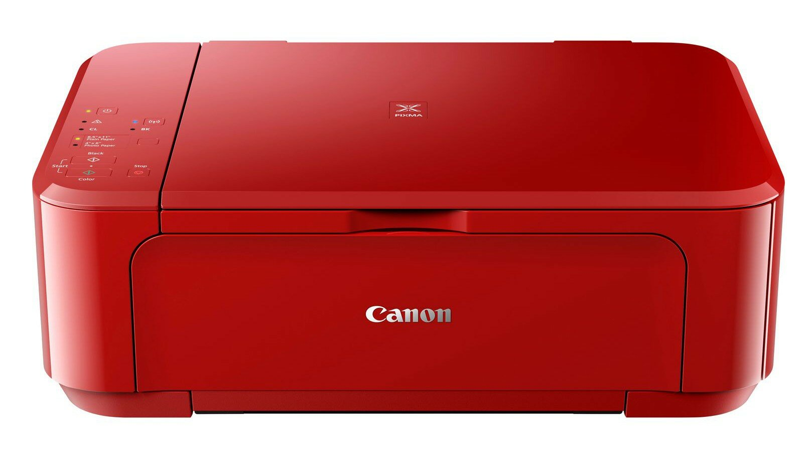 Czerwona drukarka Canon Pixma. Ma płaski blat i widoczne przyciski. Białe tło.