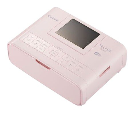 Różowa drukarka Canon Selphy CP1300. Małe, prostokątne urządzenie z ekranem.