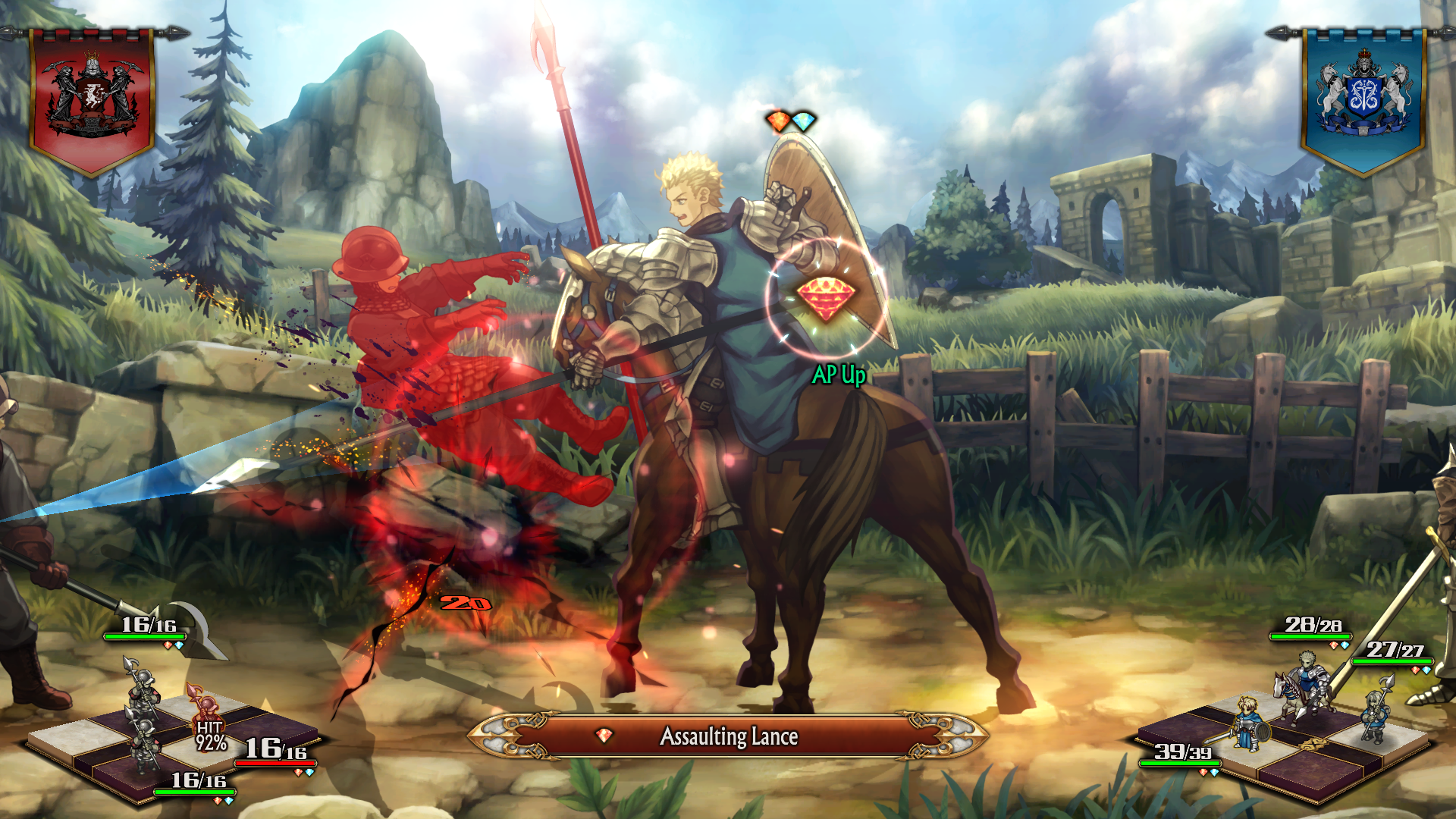Scena di gioco con cavalieri a cavallo che combattono. Esplosioni rosse e testo sullo schermo.