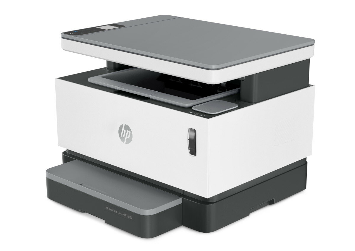 Biało-szara drukarka HP. Górna taca jest otwarta.