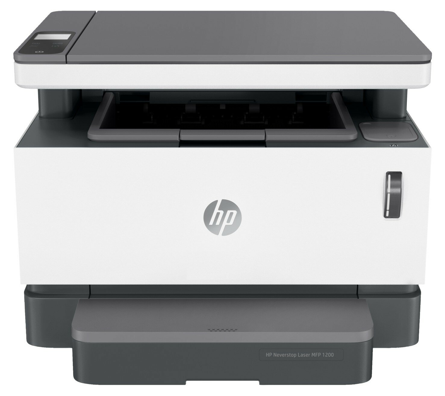 Biało-szara drukarka HP Neverstop Laser MFP 1200 na białym tle.