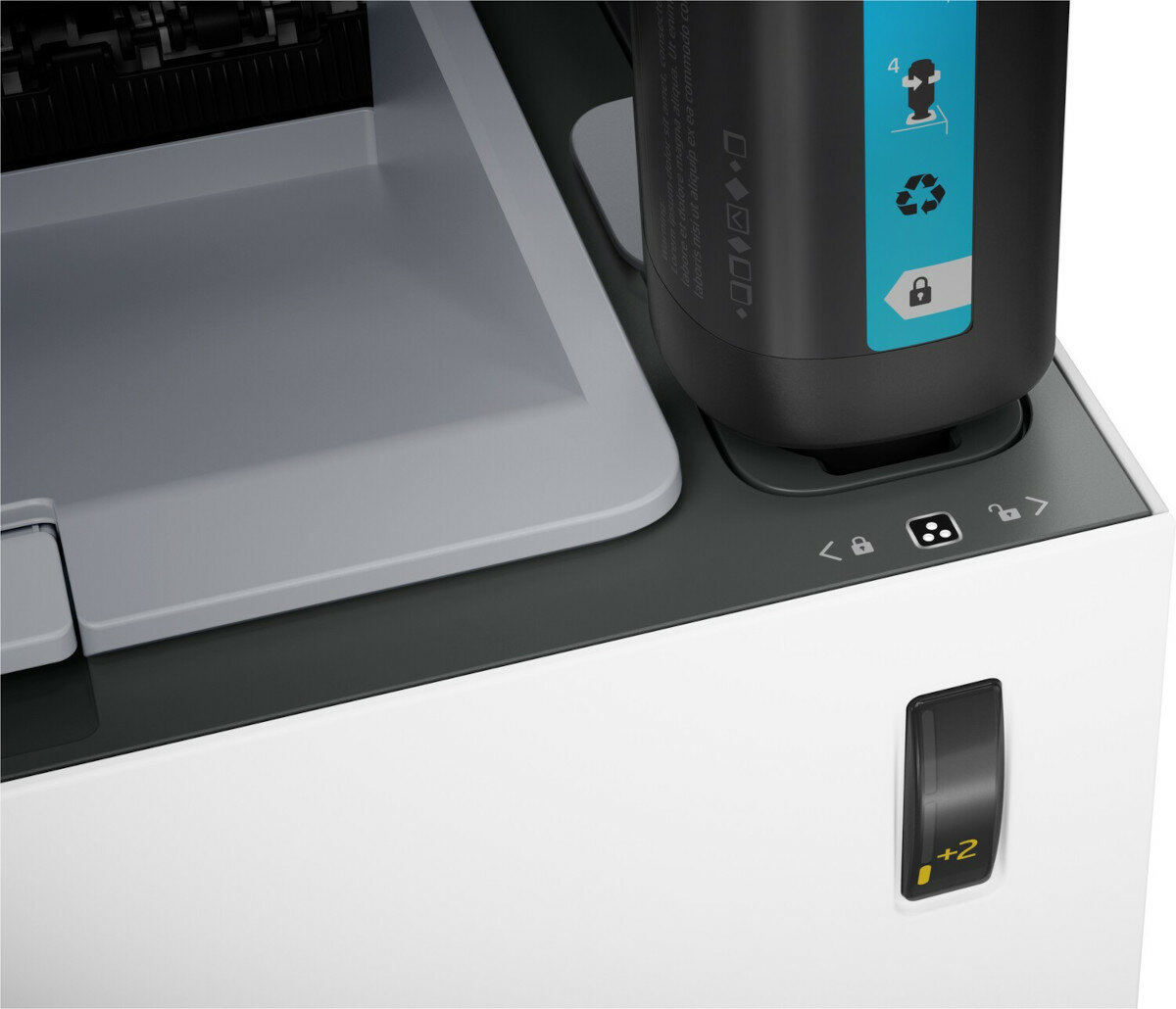 Drukarka z wkładem atramentowym, panel z ikonami blokady i czarnym przyciskiem.