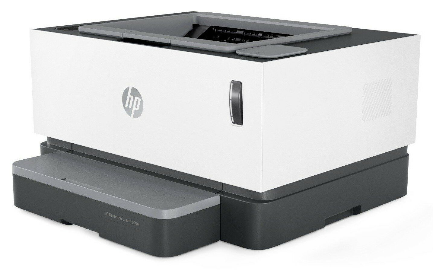 Biało-szara drukarka na białym tle. Drukarka ma podajnik papieru i logo HP.