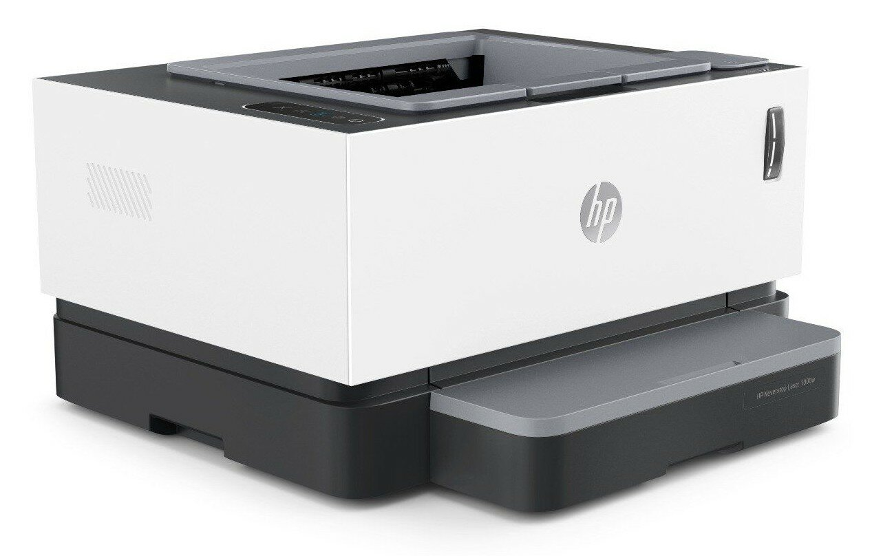 Biało-czarna drukarka laserowa HP Neverstop na białym tle.