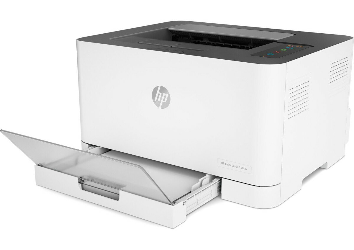 Biała drukarka HP z otwartą tacą na papier. Logo HP i Color Laser 150nw są widoczne.
