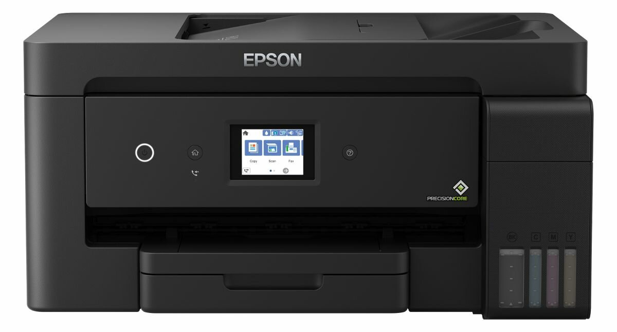 Czarna drukarka Epson z ekranem i przyciskami. Kartridże z tuszem są widoczne po prawej stronie.