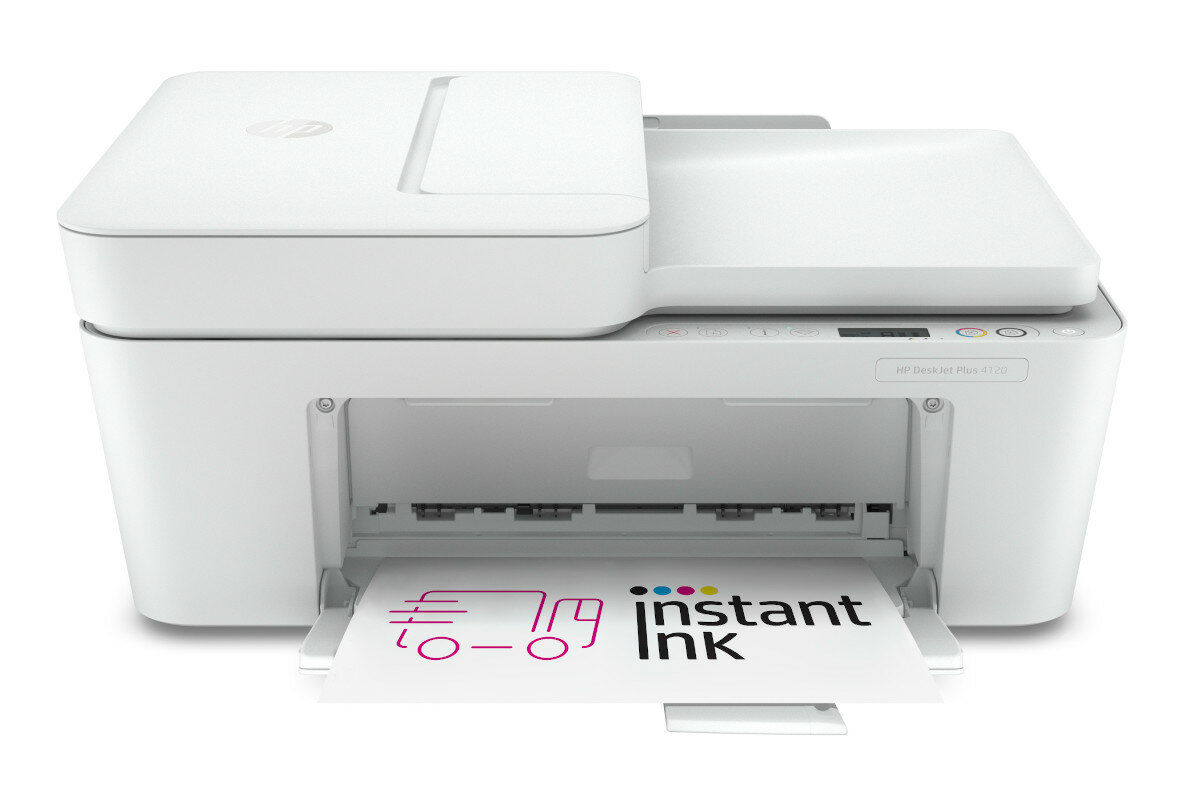 Biała drukarka HP DeskJet Plus 4120 z wysuniętą tacą na papier i widocznym tekstem.