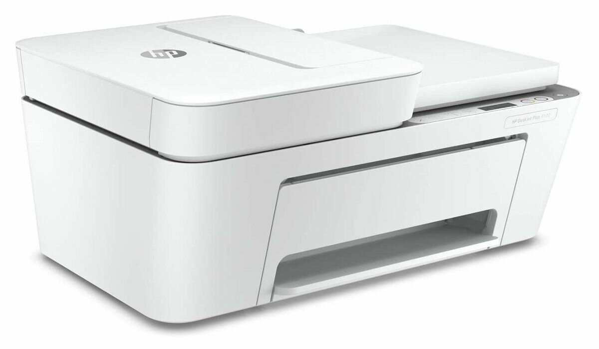 Biała drukarka HP DeskJet Plus 4155, ze skanerem płaskim i podajnikiem papieru.