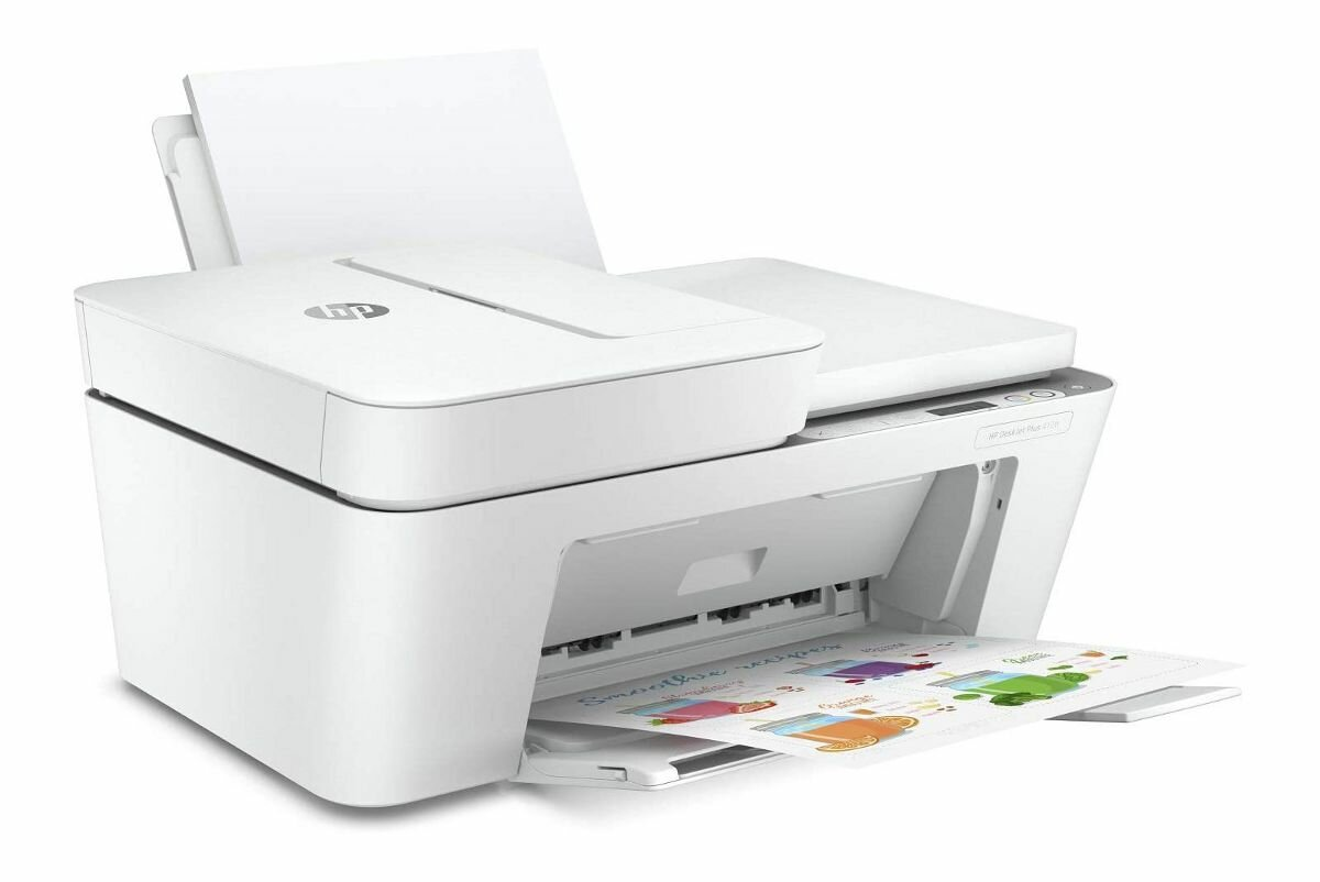 Biała drukarka HP z podajnikiem i zasobnikiem papieru.
