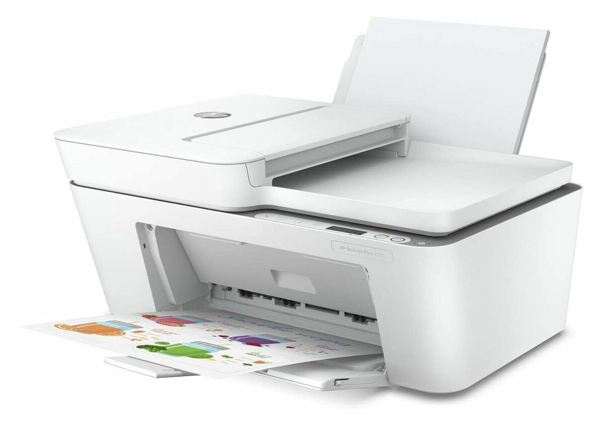 Biała drukarka atramentowa z podajnikiem papieru i widoczną wydrukowaną stroną.