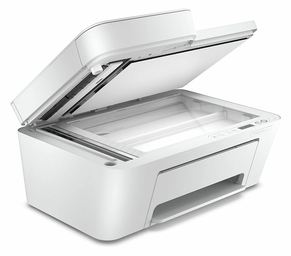Biała drukarka HP z otwartą pokrywą. Posiada skaner.