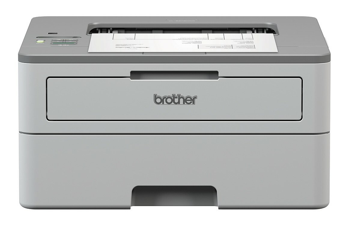Szara drukarka laserowa Brother z podajnikiem papieru, białe tło.